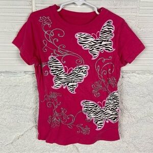 Route 66 Fuchsia Butterfly zebra print silver glitter cotton Kids T-Shirt SZ 7/8